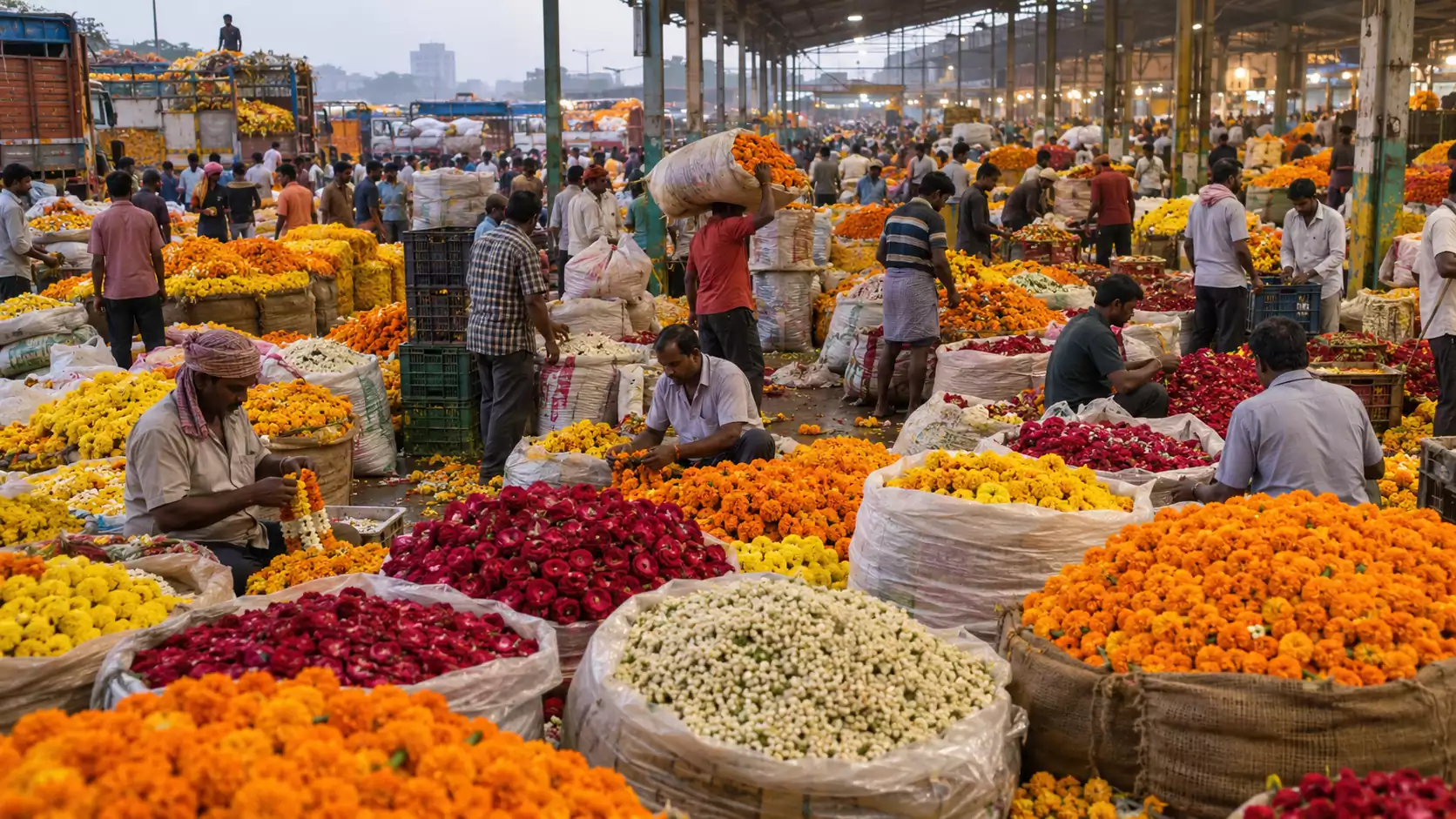 Bulk wedding flowers at an Indian wholesale flower market